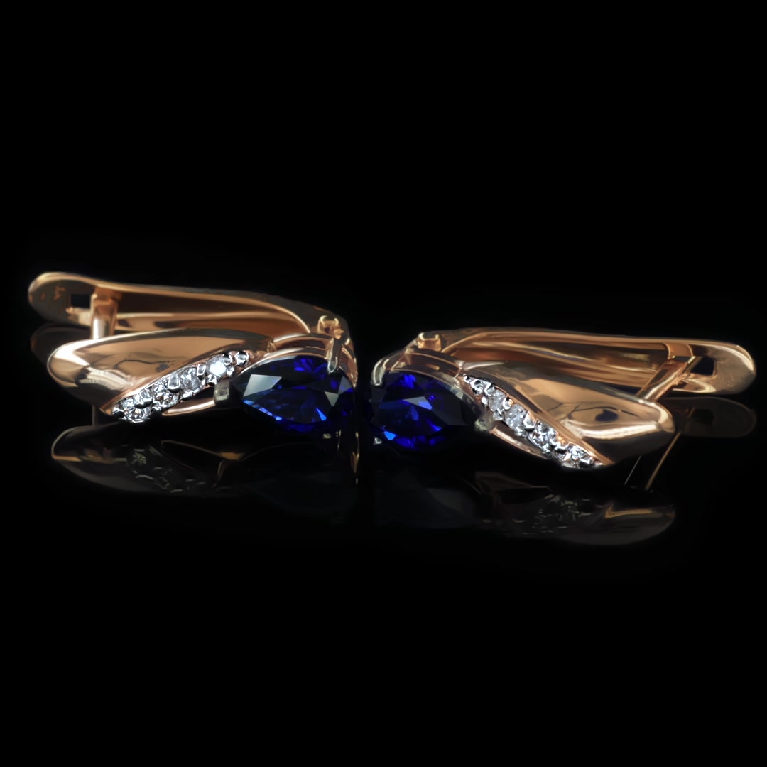 Золотые серьги с сапфирами выращенными и бриллиантами