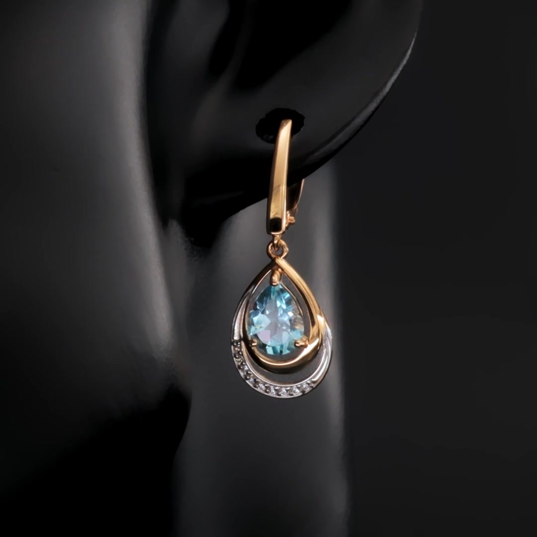 Золотые серьги с топазами Sky и фианитами