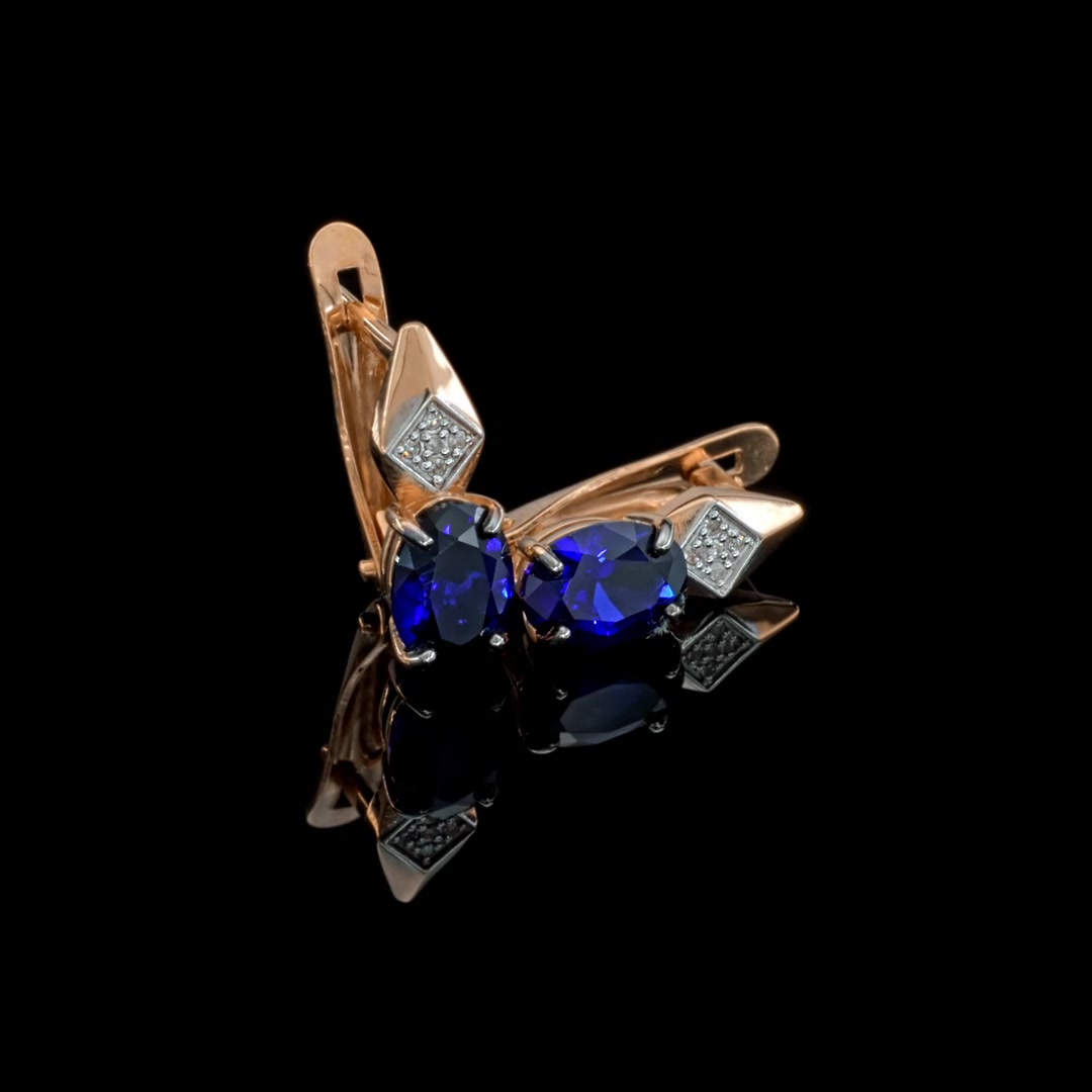 Золотые серьги с сапфирами выращенными и бриллиантами