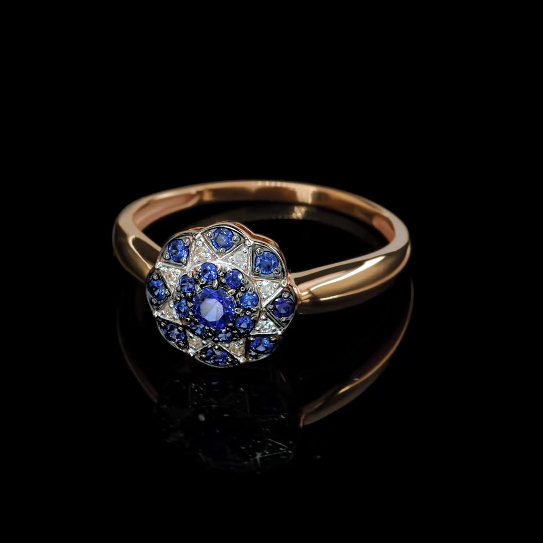Золотое кольцо с сапфирами выращенными и бриллиантами