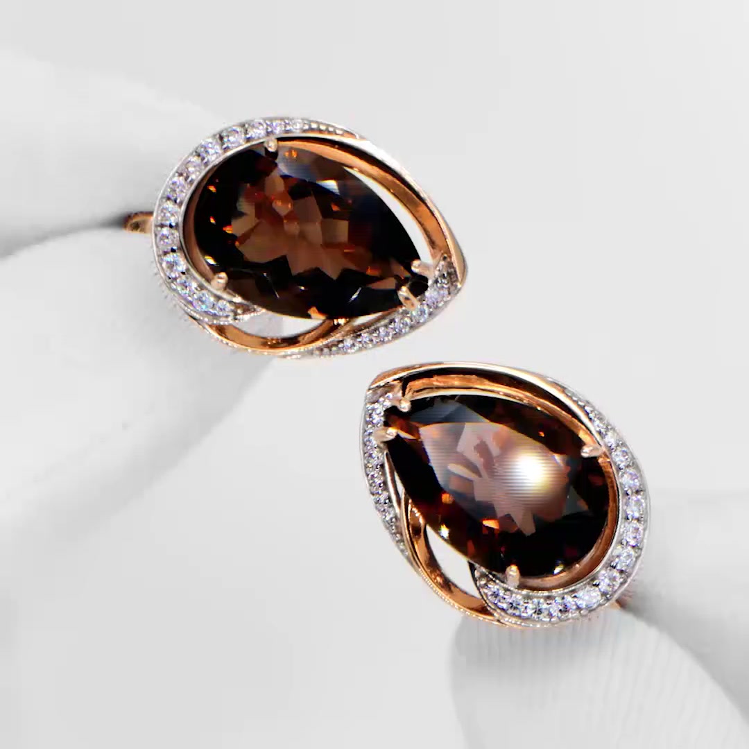 Золотые серьги с раухтопазами и фианитами