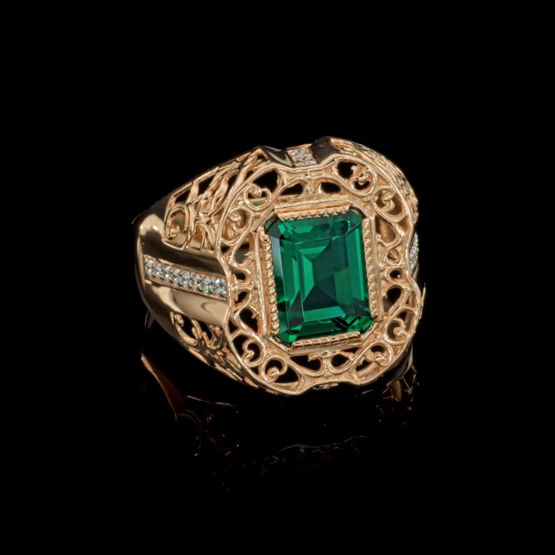 Золотая печатка с ситаллом и фианитами