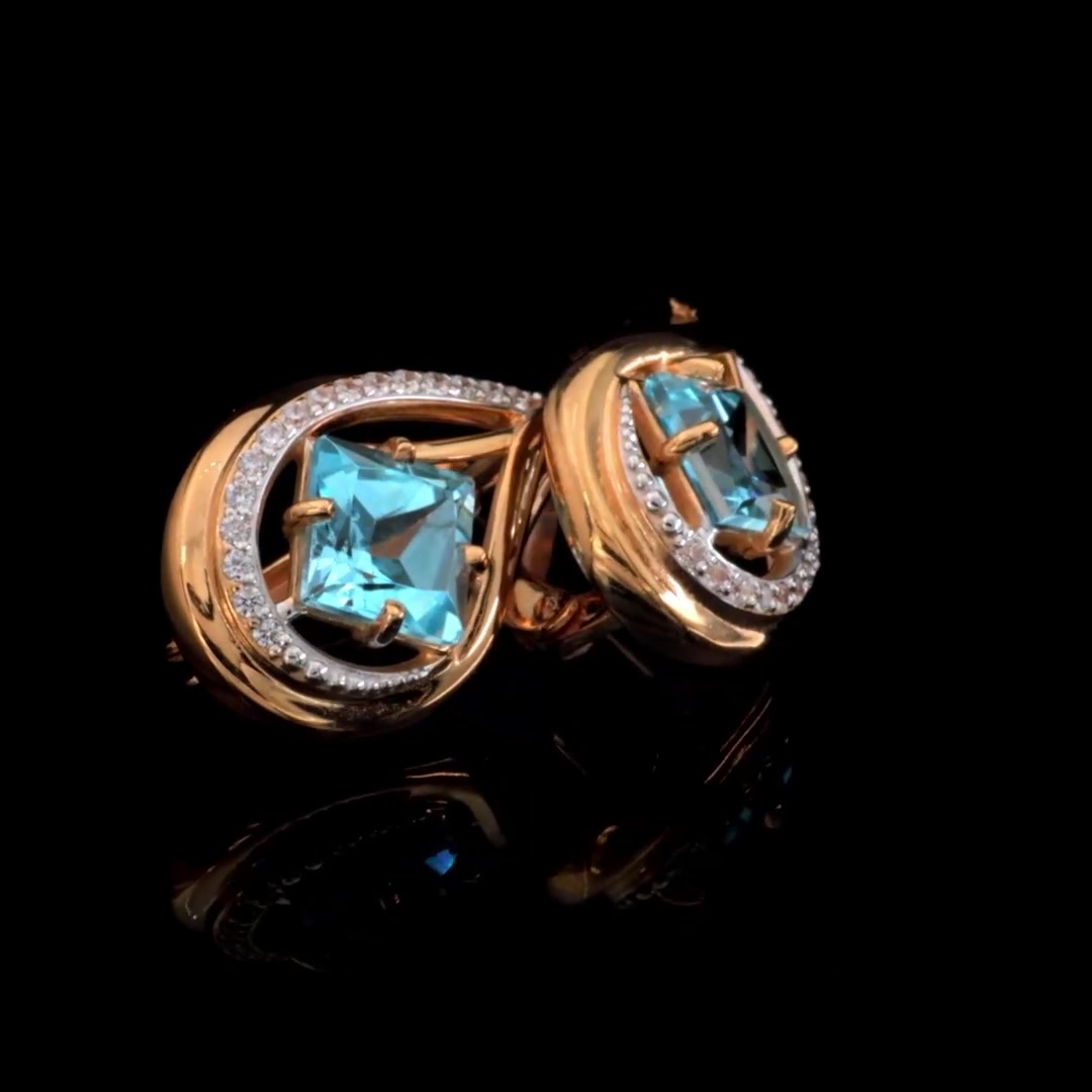 Золотые серьги с топазами Sky и фианитами