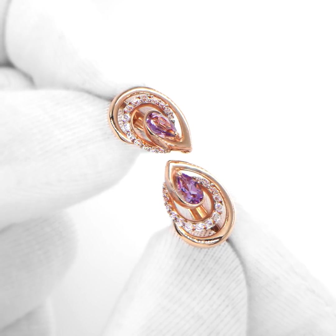 Золотые серьги с аметистами и фианитами