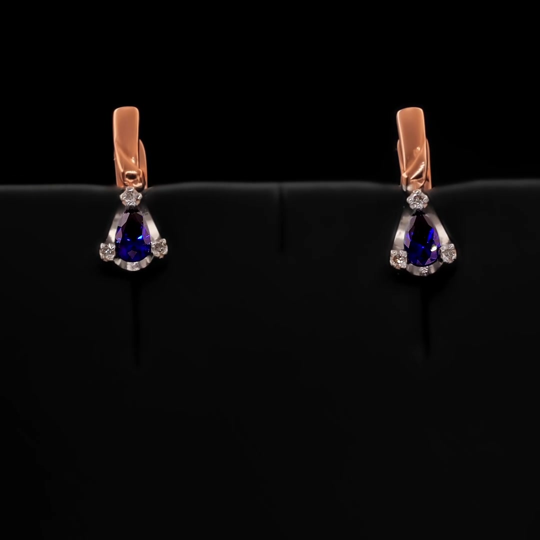 Золотые серьги с сапфирами выращенными и бриллиантами