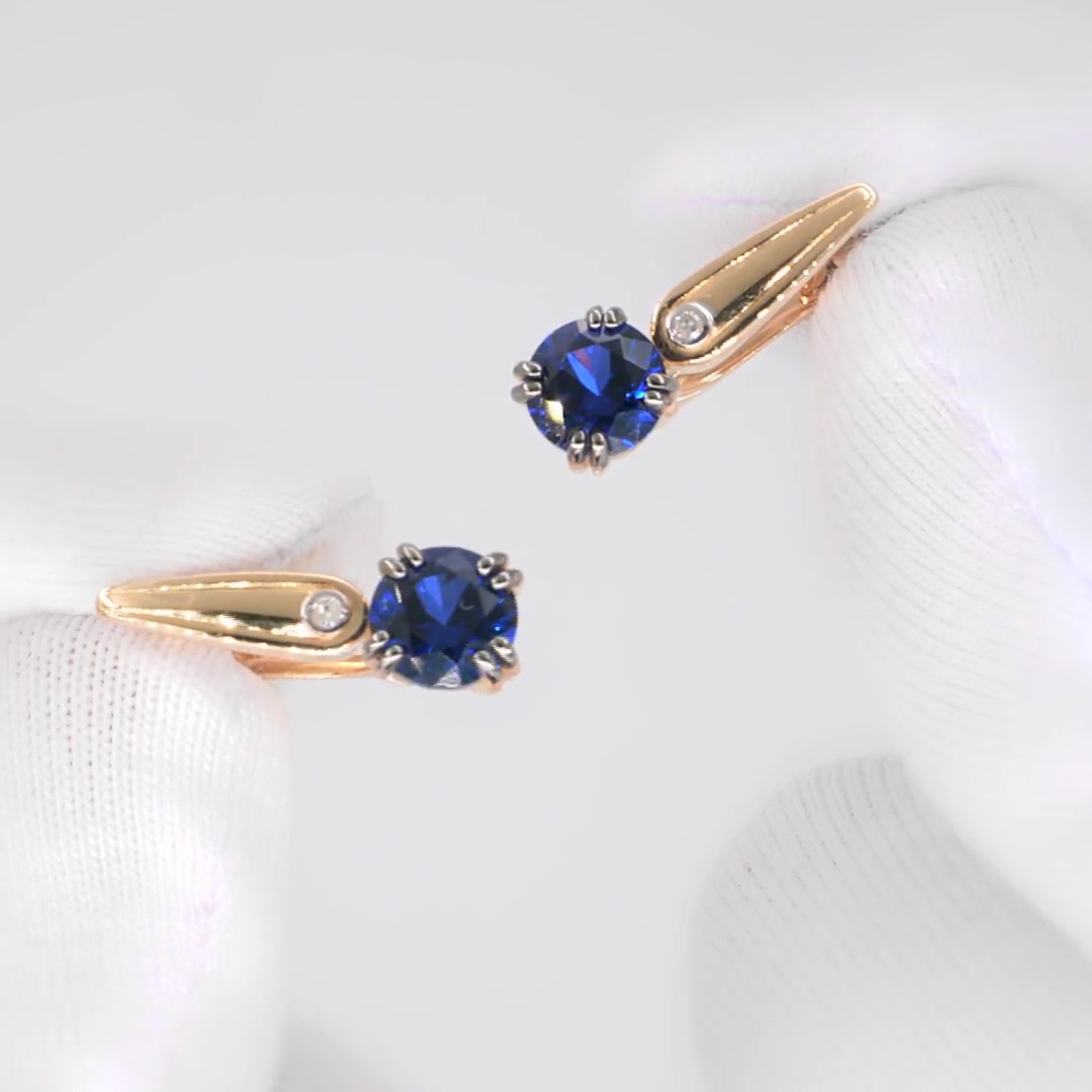 Золотые серьги с сапфирами выращенными и бриллиантами