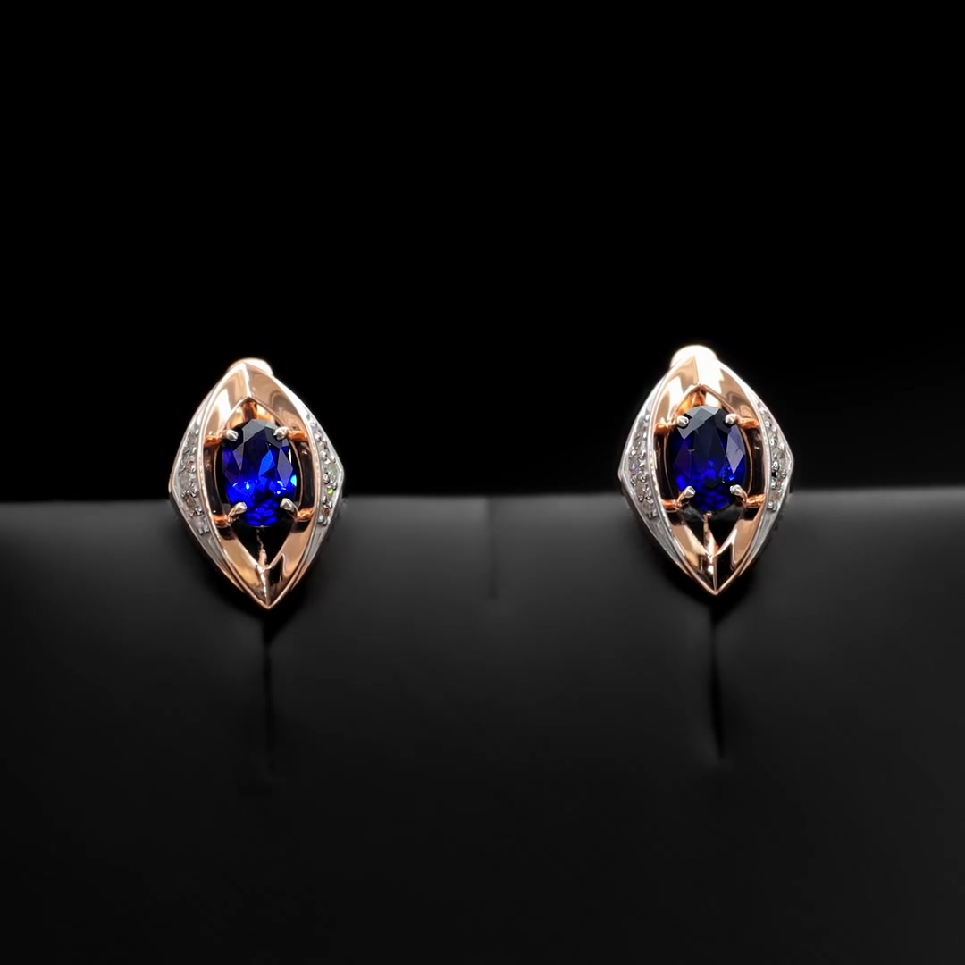 Золотые серьги с сапфирами выращенными и бриллиантами