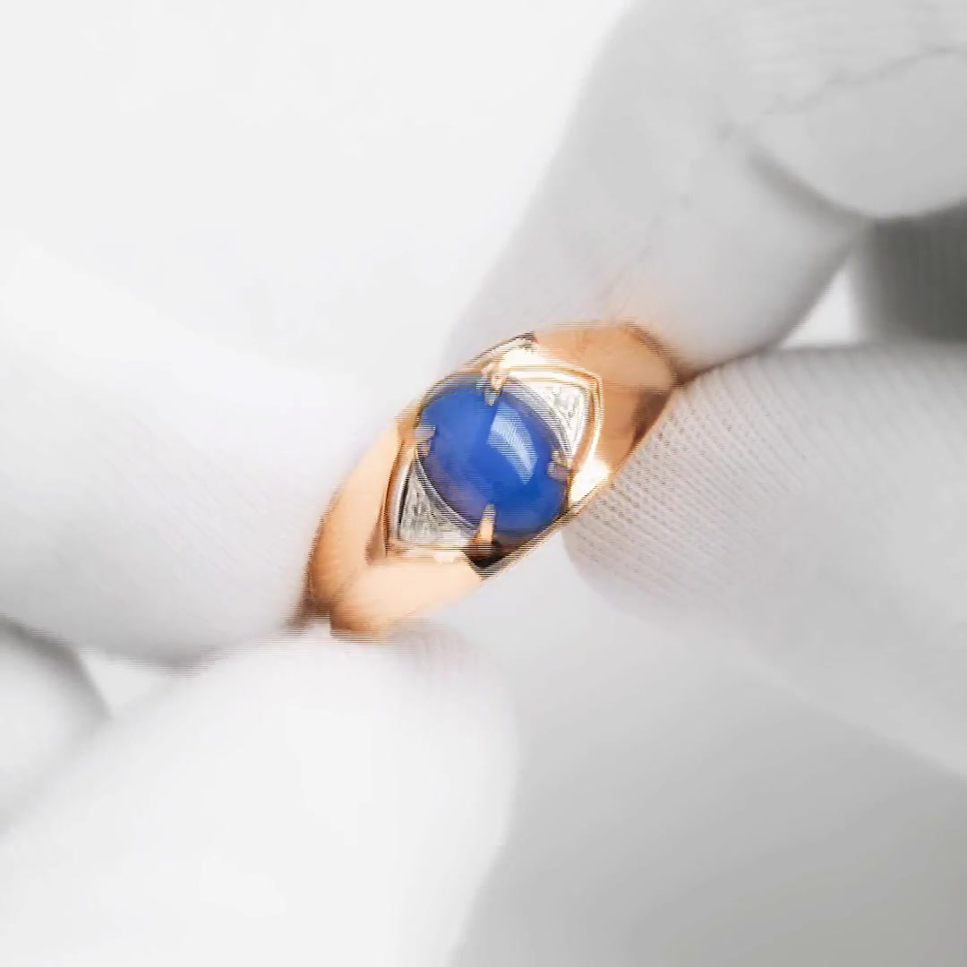 Золотое кольцо с сапфиром выращенным и бриллиантами