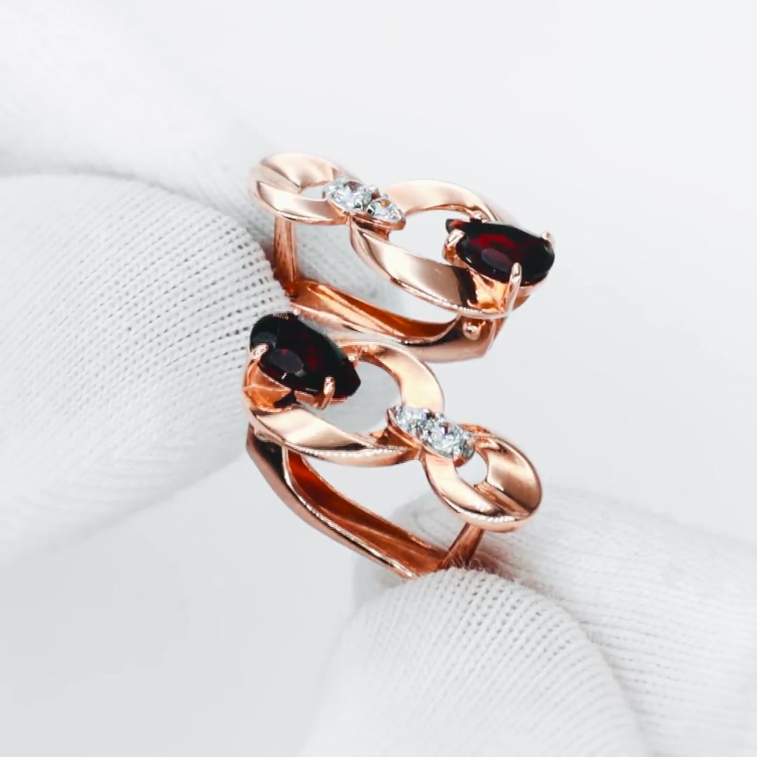 Золотые серьги с гранатом и фианитами