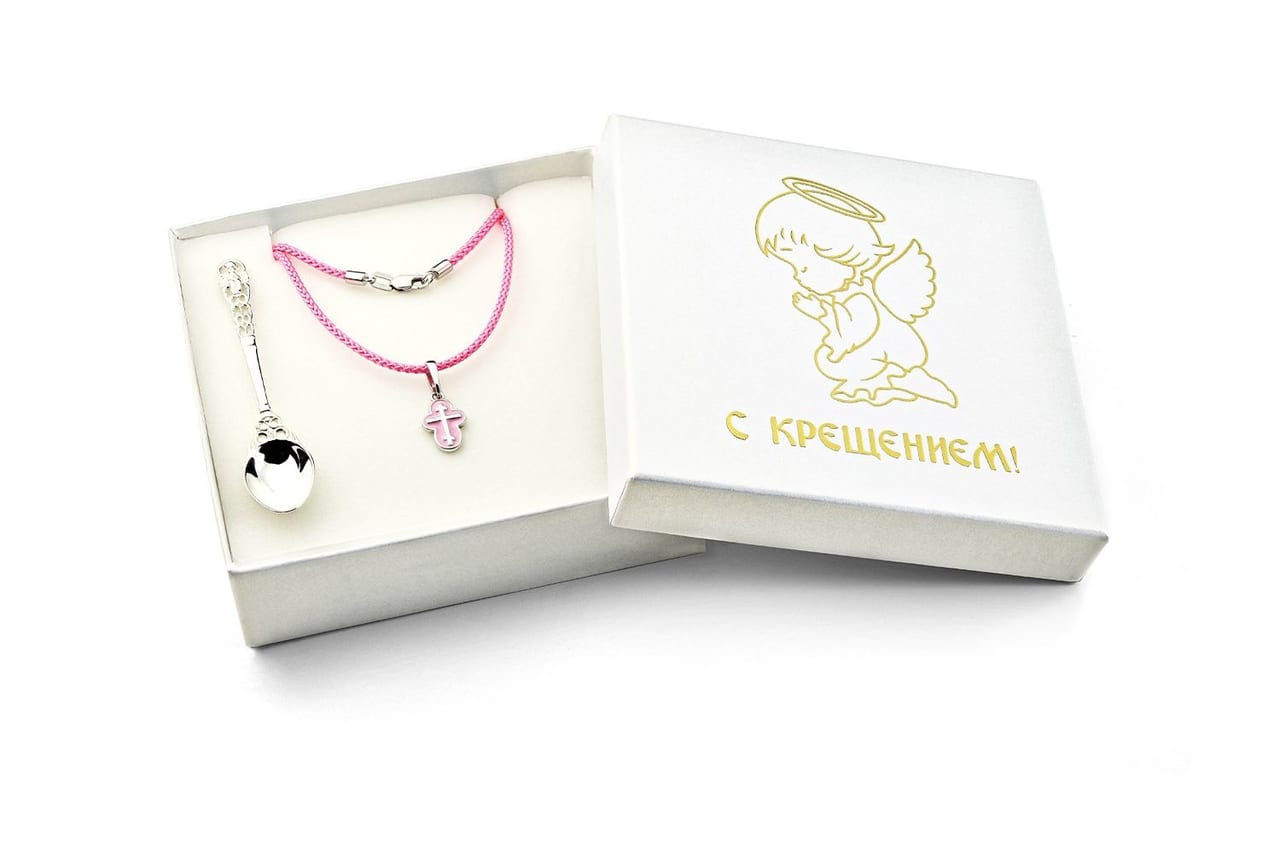 Серебряный набор для крещения: ложечка и крестик в подарочной коробке