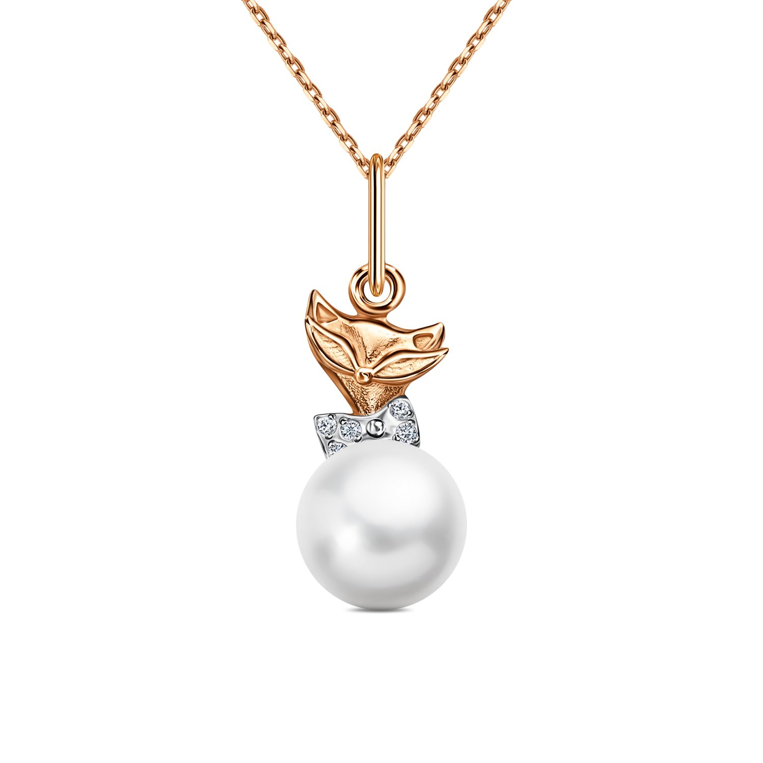 Золотая подвеска с жемчугом и фианитами с родированием