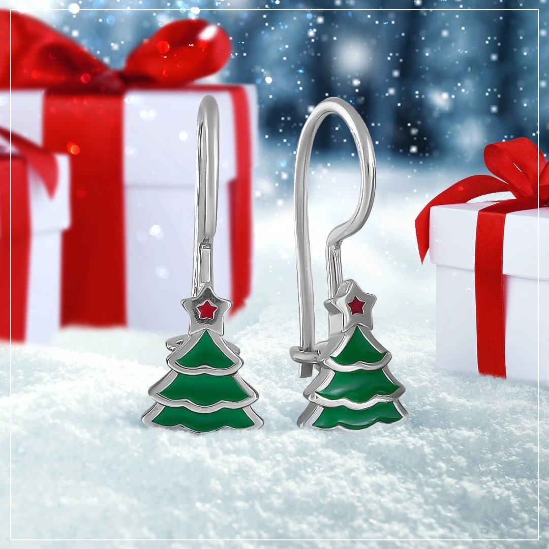 Серебряные серьги Елка с эмалью