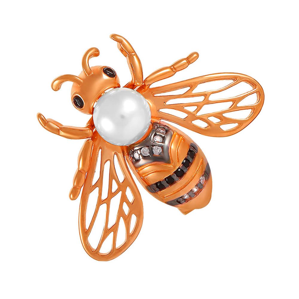 Брошь Пчела из серебра с жемчугом SWAROVSKI и фианитами