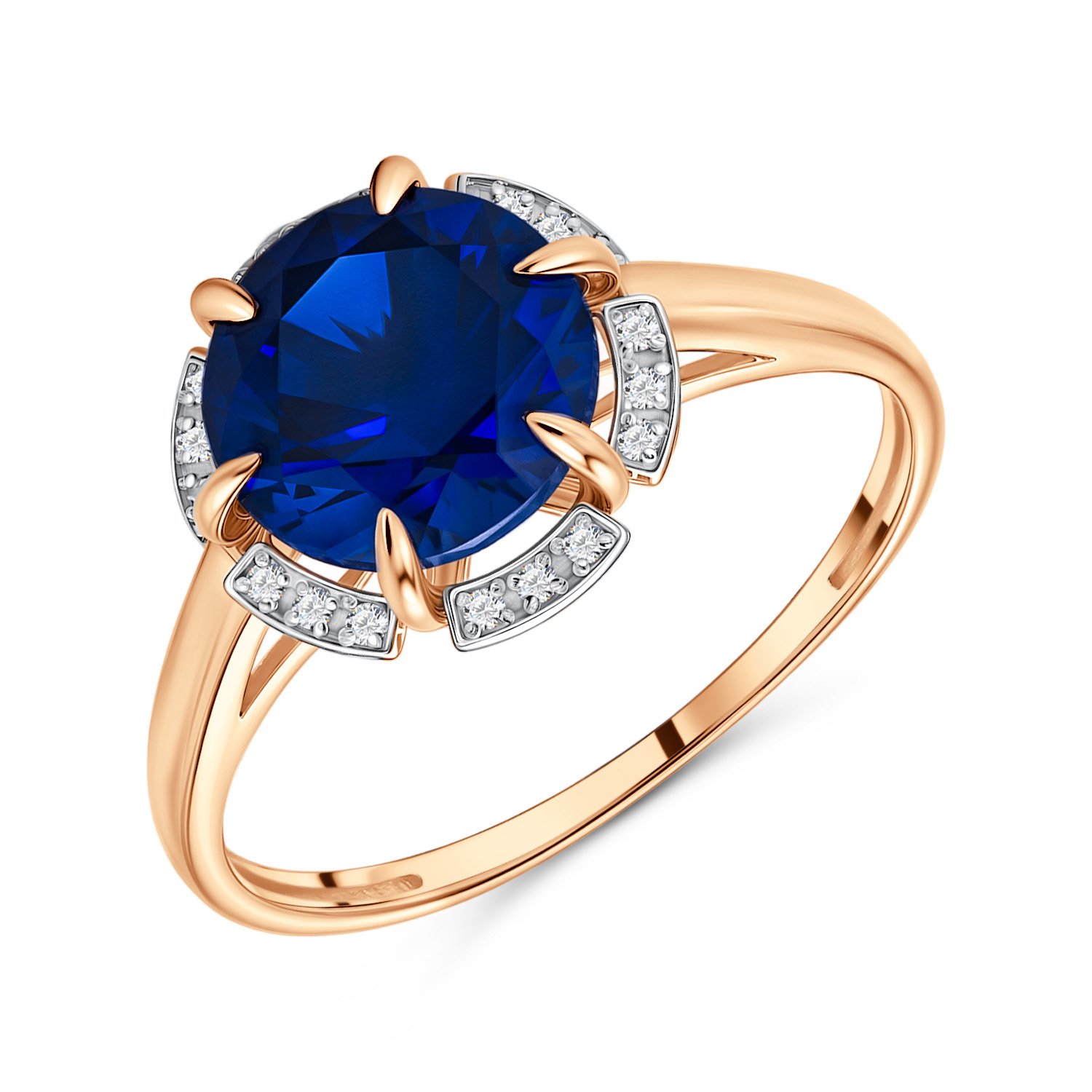 Фото «Золотое кольцо с сапфиром выращенным и бриллиантами»