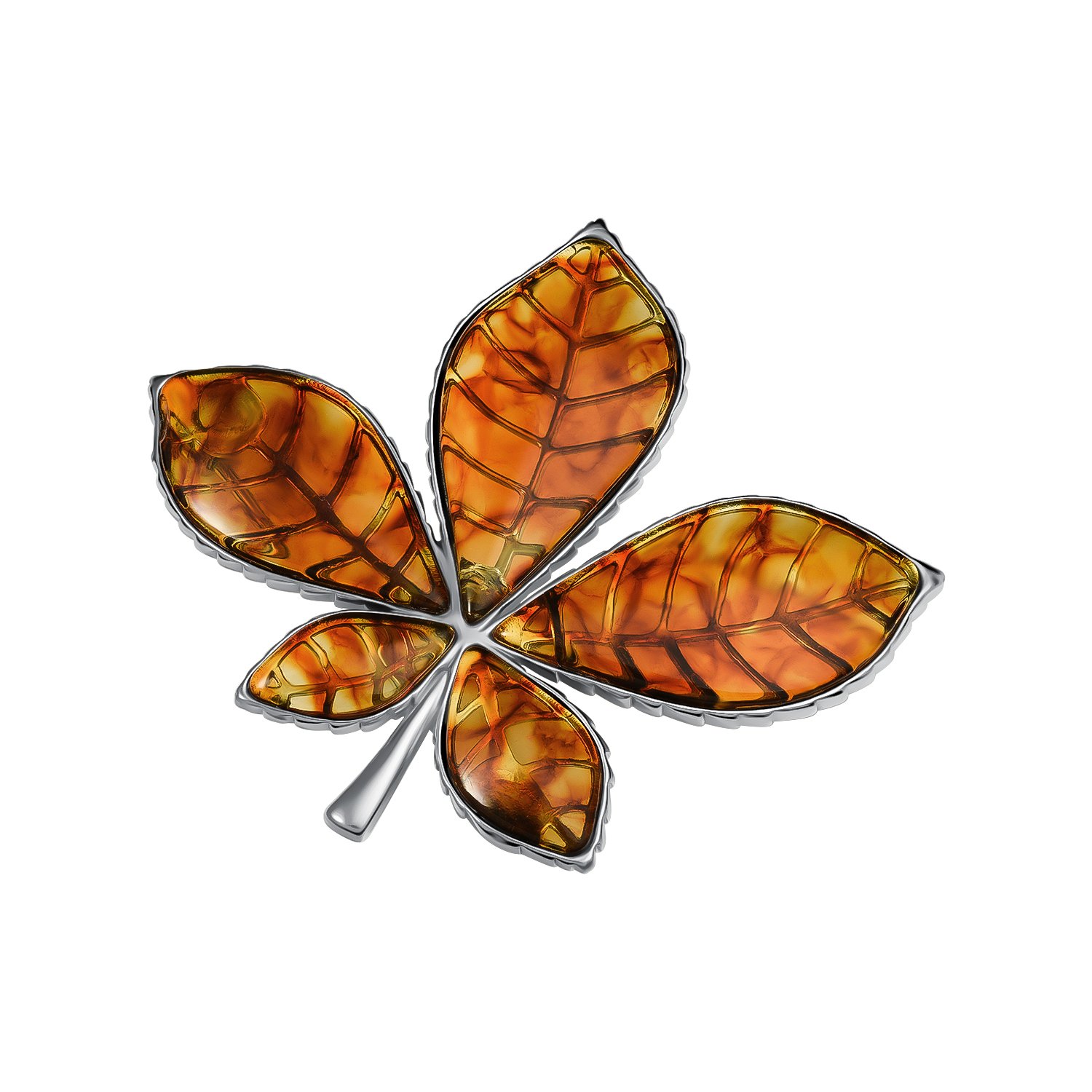 Серебряная брошь с янтарем и платинированием