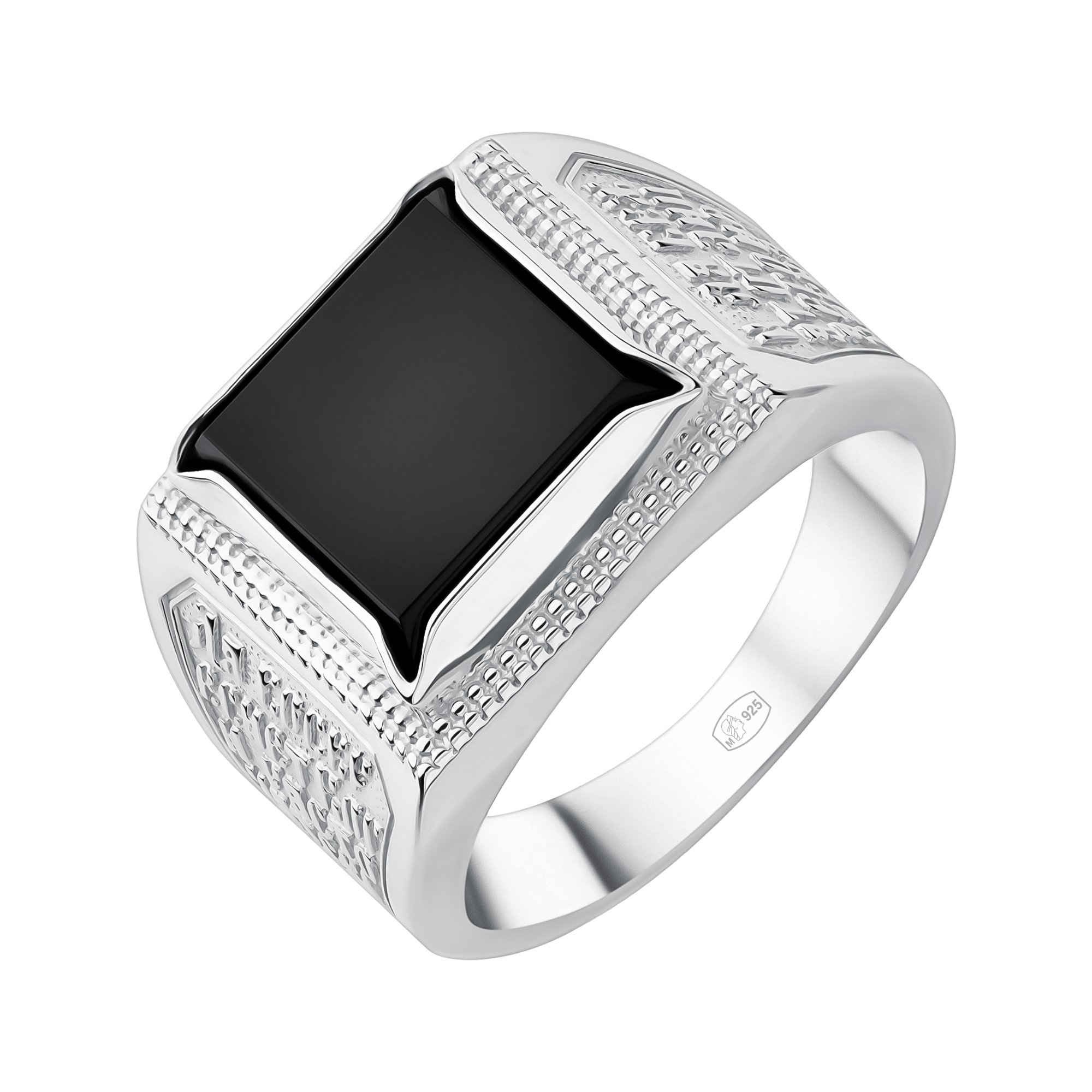 Серебряное кольцо с ониксом и родированием