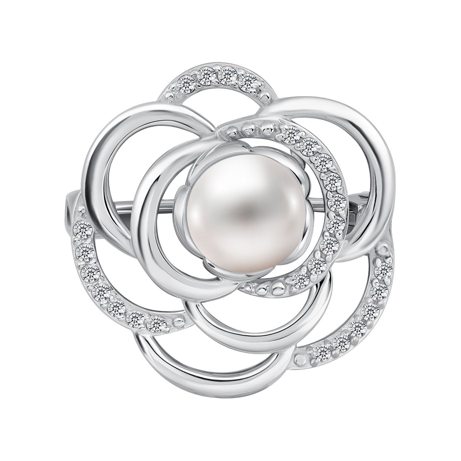 Серебряная брошь Цветок с жемчугом и фианитами и родированием