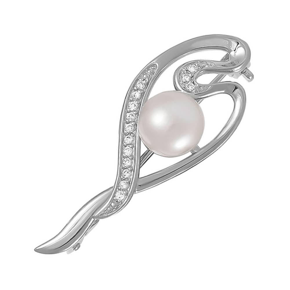 Брошь из серебра с жемчугом и фианитами