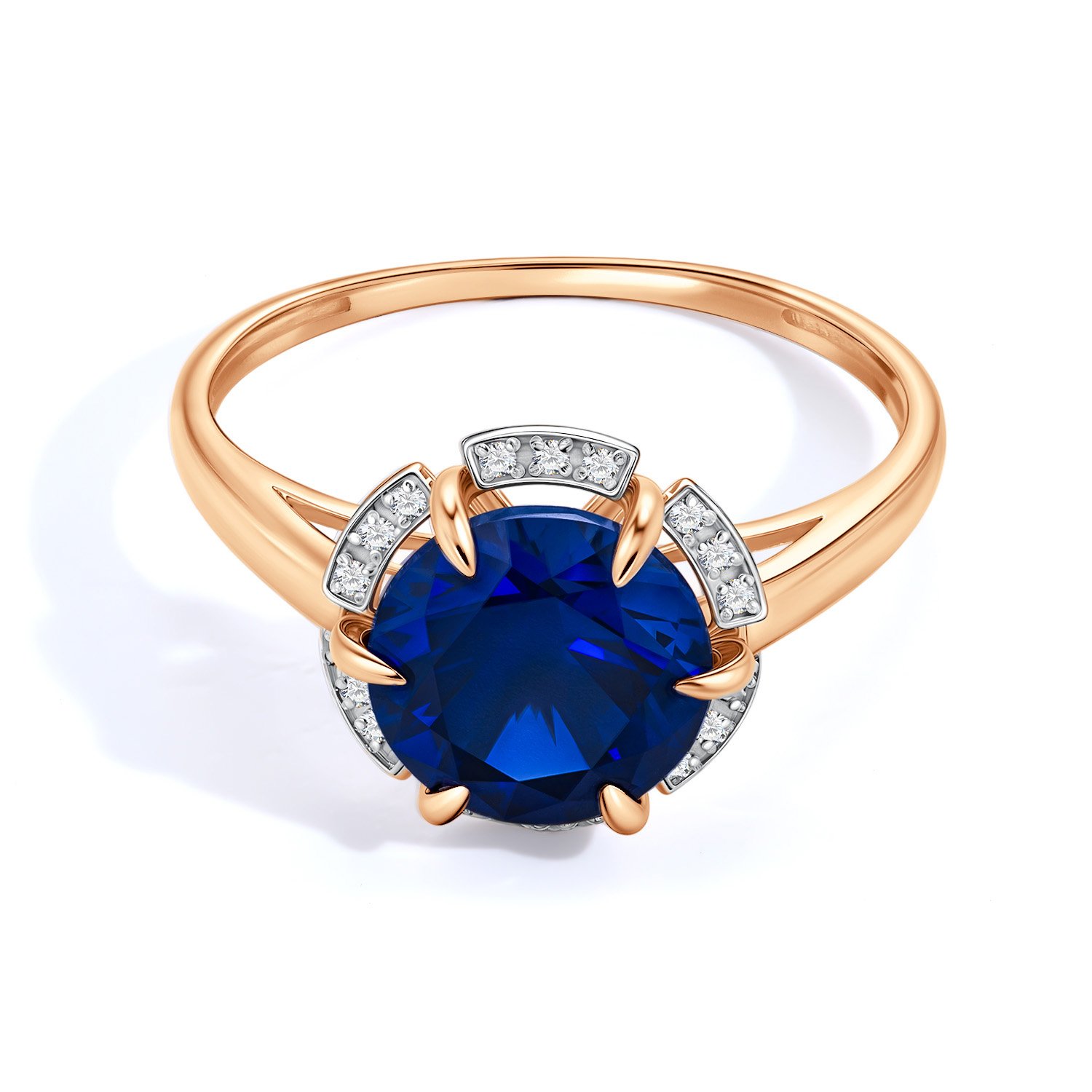 Золотое кольцо с сапфиром выращенным и бриллиантами