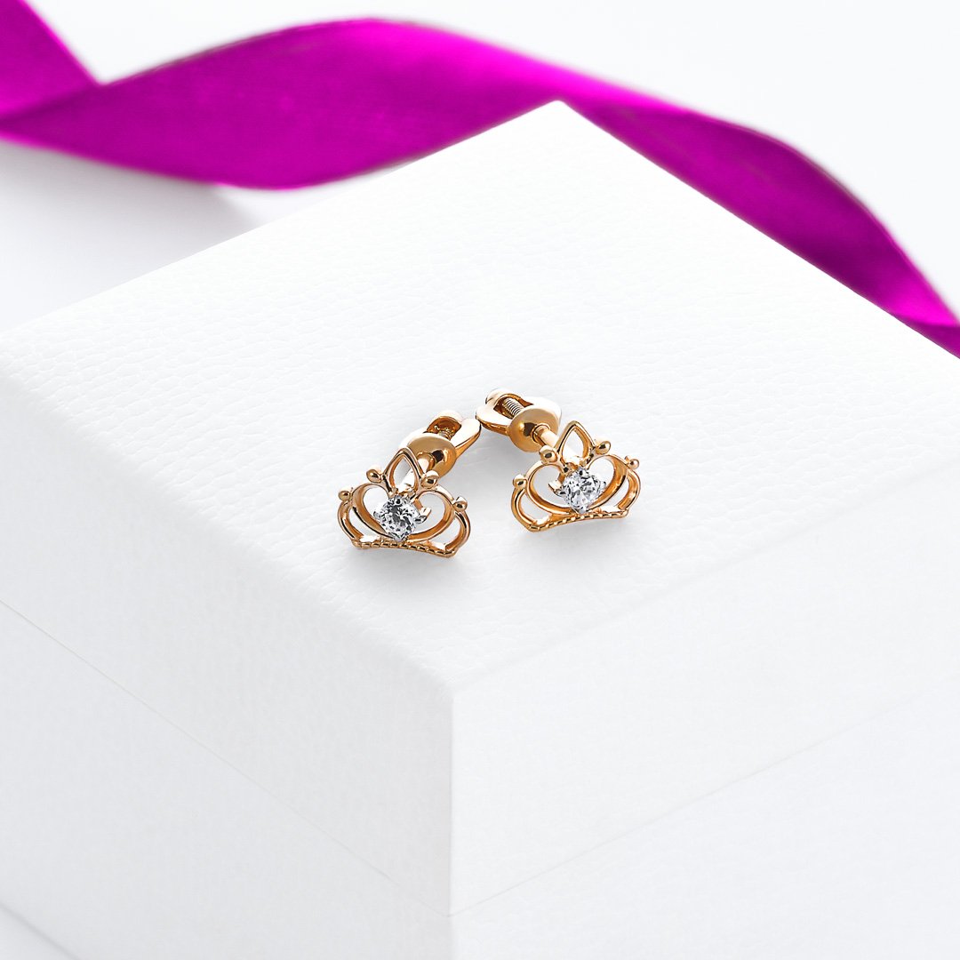 Серебряные серьги Корона с фианитами и позолотой