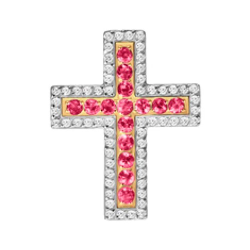 Золотая подвеска Крест с рубинами и бриллиантами с родированием