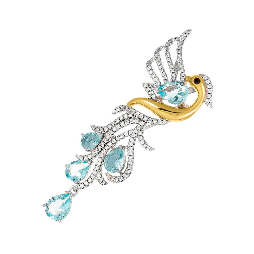 Серебряная брошь с ситаллами и кристаллом с фианитами и родированием