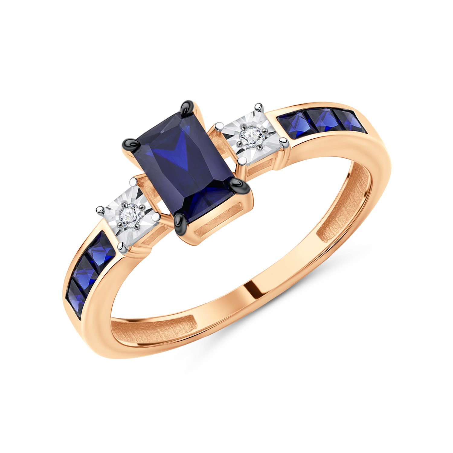 Фото «Золотое кольцо с сапфирами выращенными и бриллиантами»