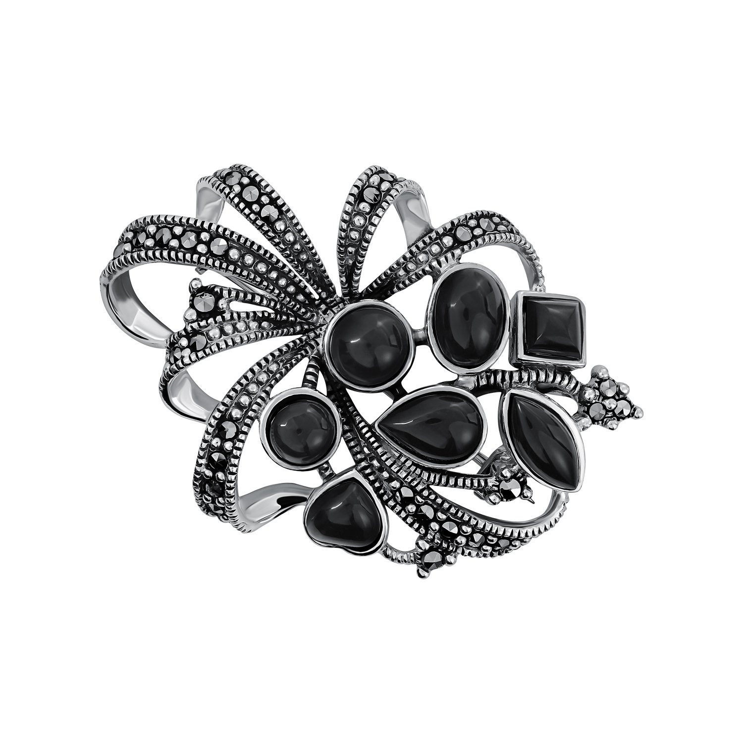 Серебряная брошь с ониксом и марказитами