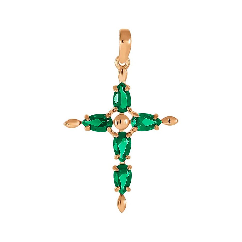 Золотая подвеска Крест с изумрудами