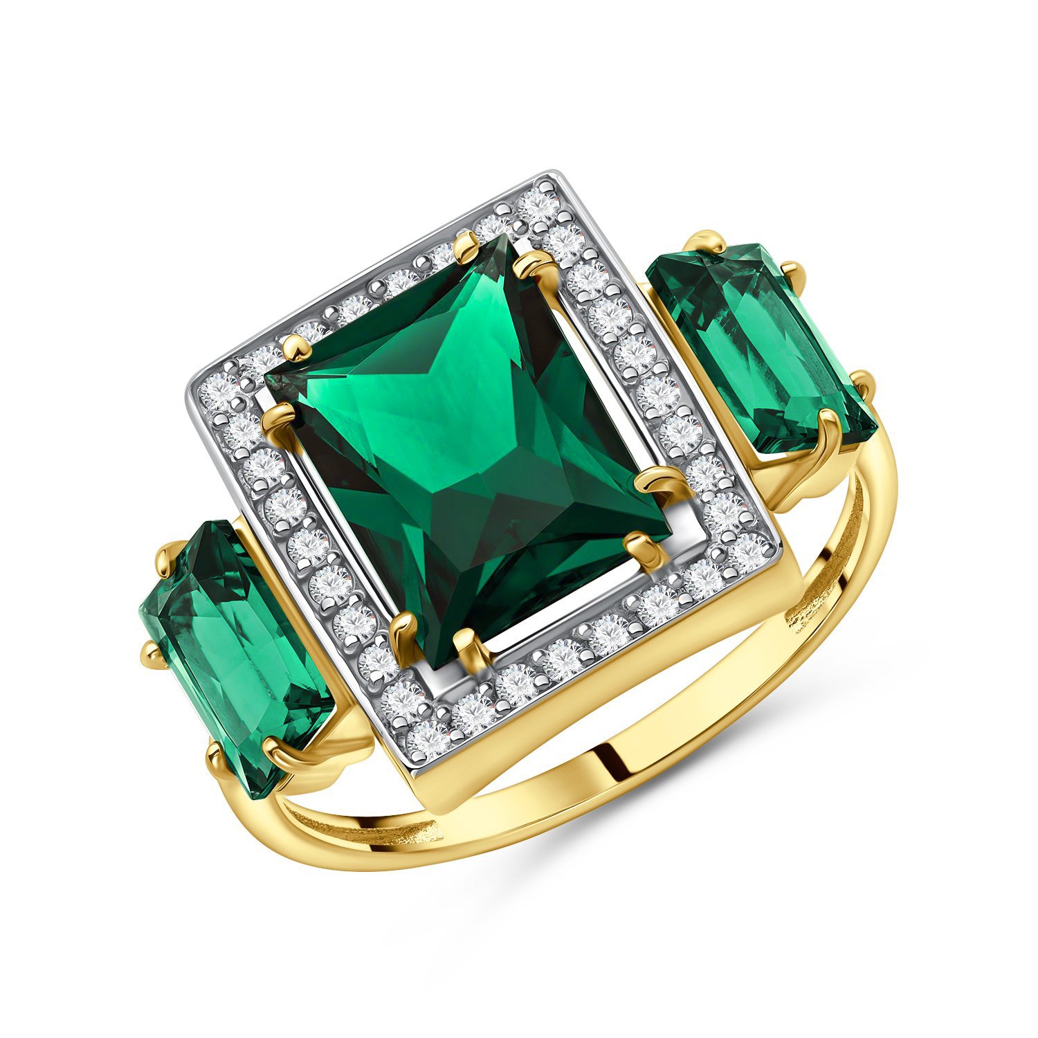 Фото «Золотое кольцо с изумрудами выращенными и бриллиантами»