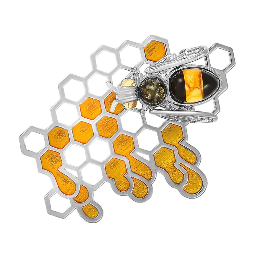 Брошь Пчела из серебра с эмалью и янтарем