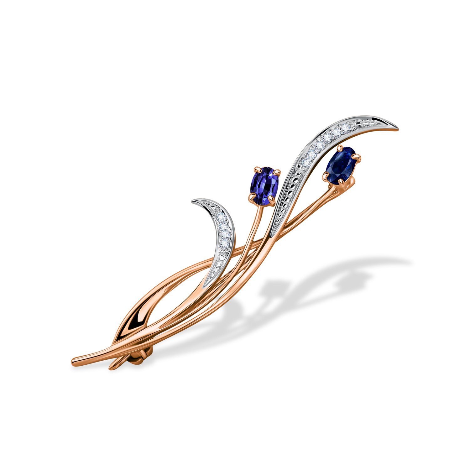 Золотая брошь с сапфирами и бриллиантами с родированием