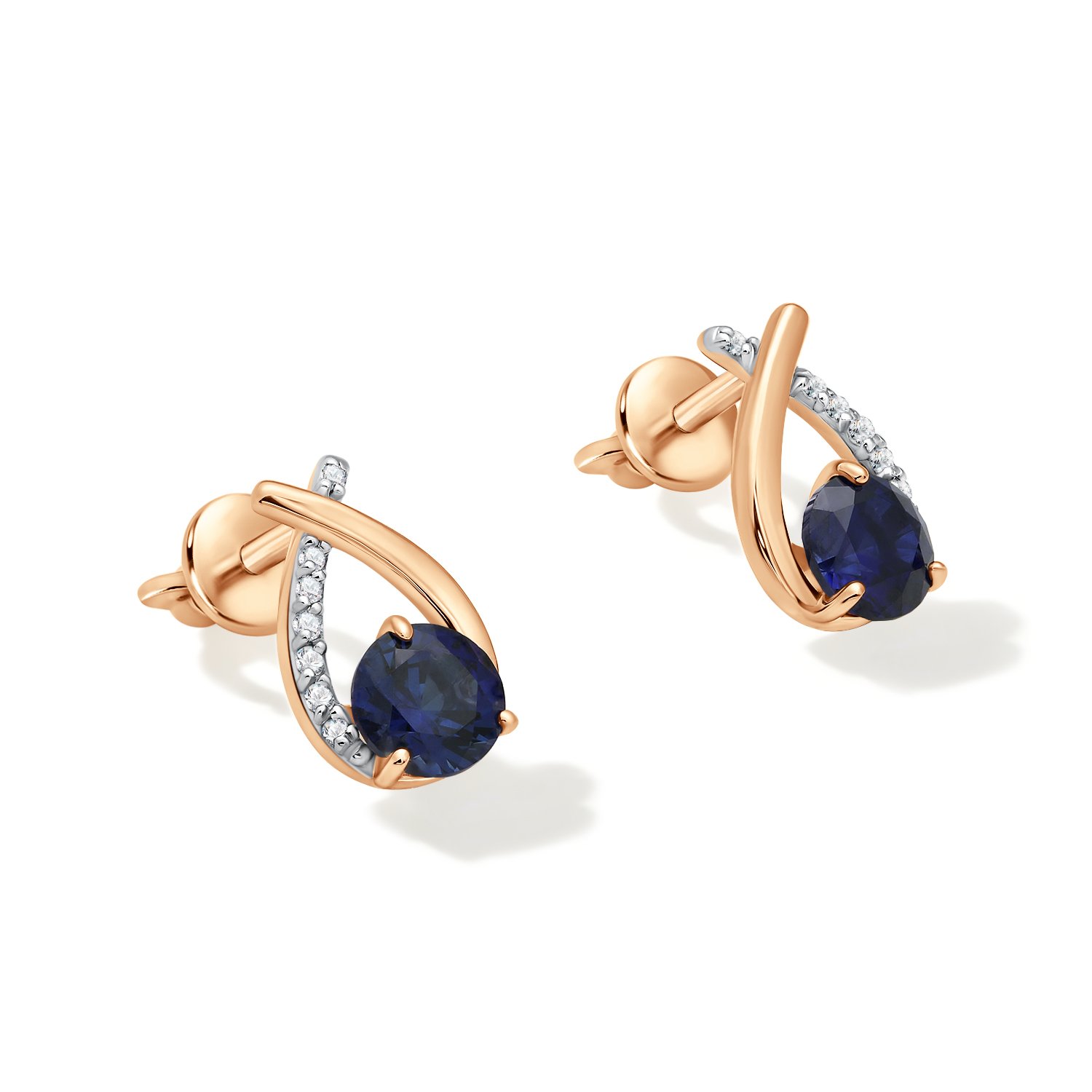 Золотые серьги с сапфирами выращенными и бриллиантами