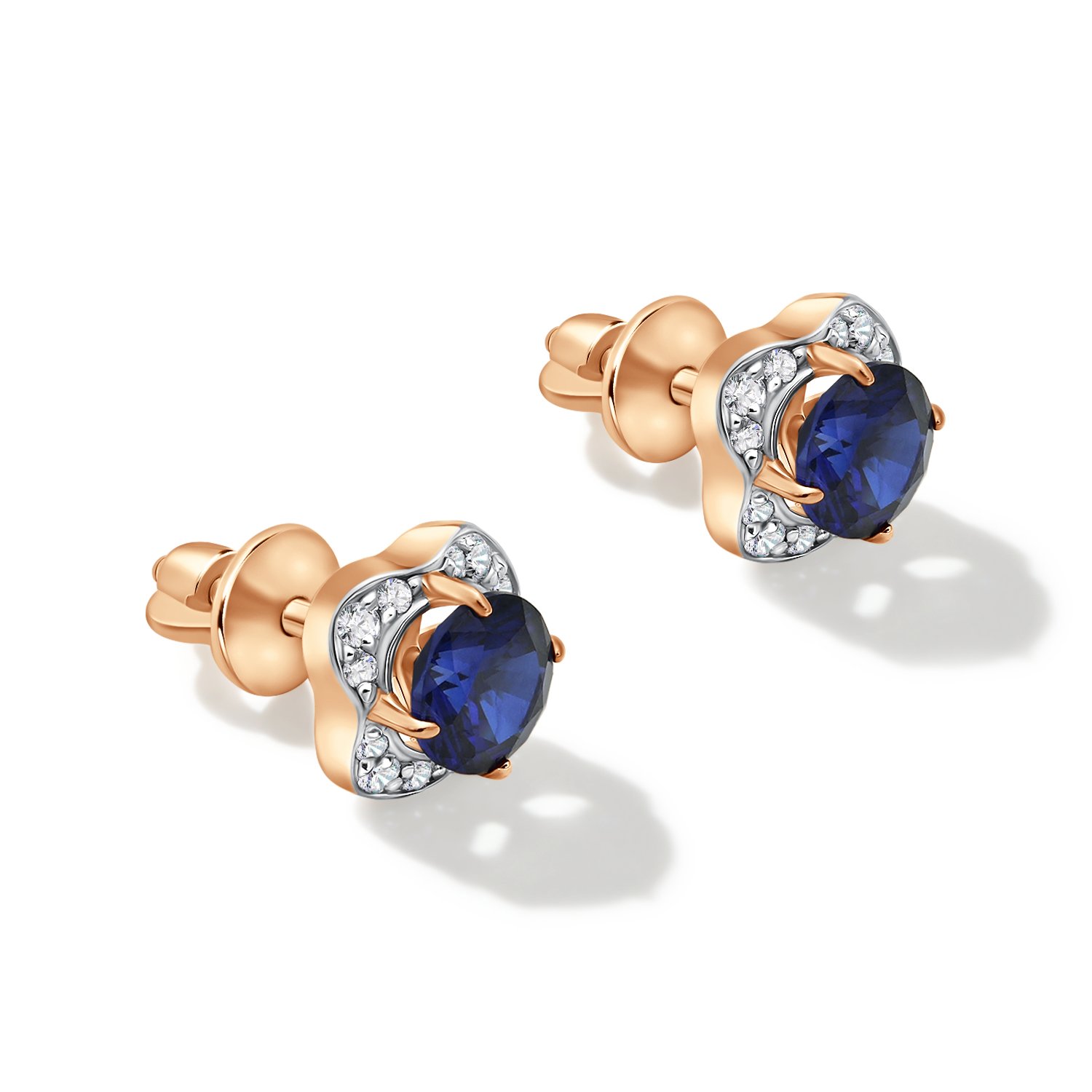 Золотые серьги с сапфирами выращенными и бриллиантами