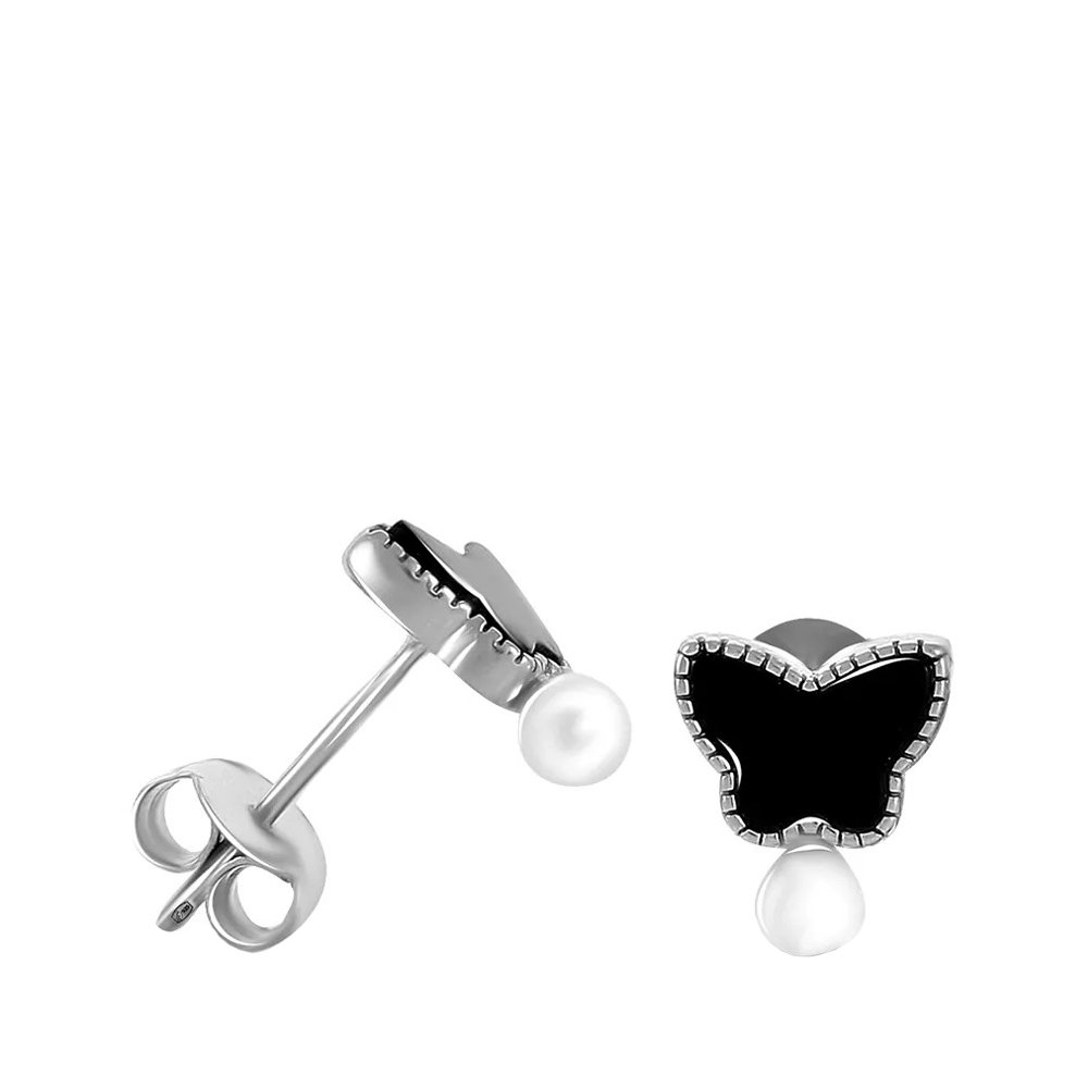 Фото «Серьги-пусеты Бабочка из серебра с жемчугом и агатами»