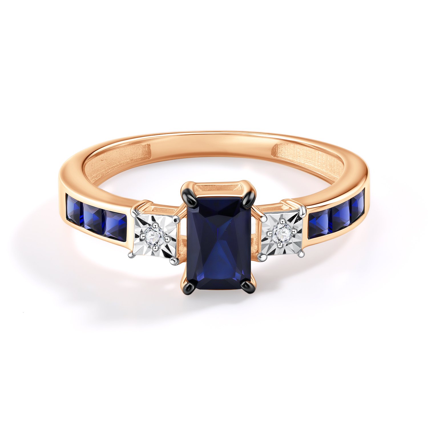 Золотое кольцо с сапфирами выращенными и бриллиантами