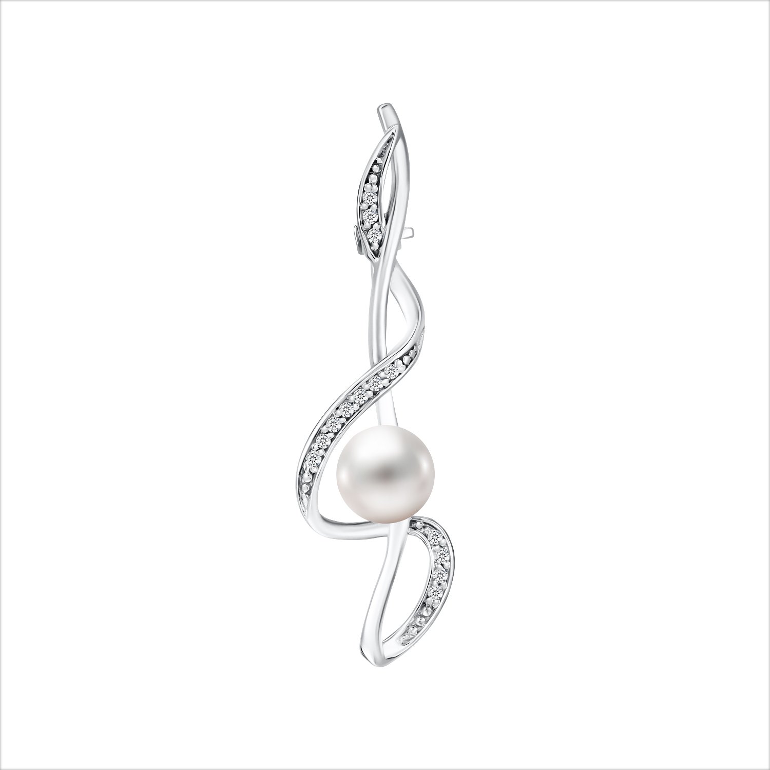 Серебряная брошь с жемчугом и фианитами с родированием