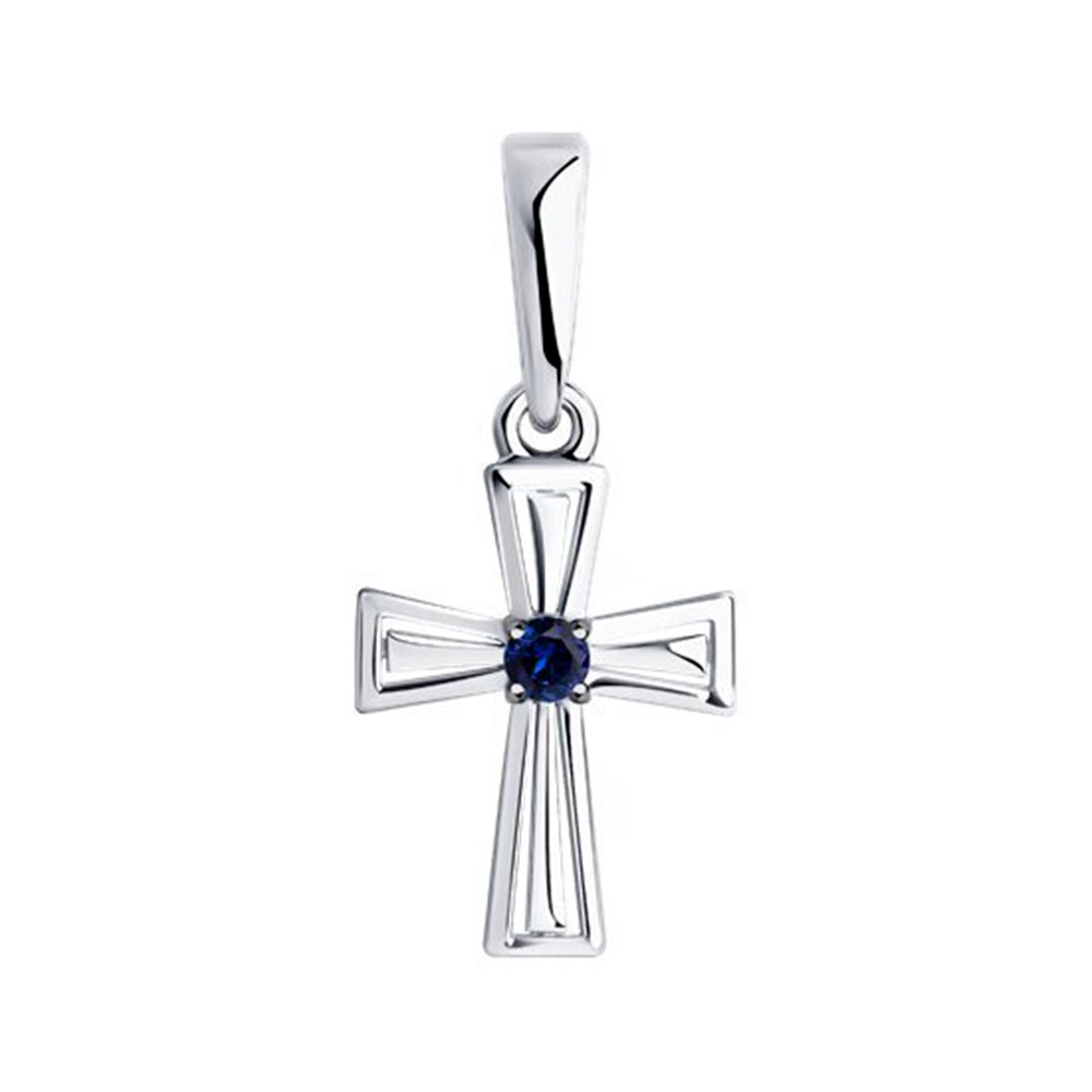 Золотая подвеска Крест с сапфиром и родированием