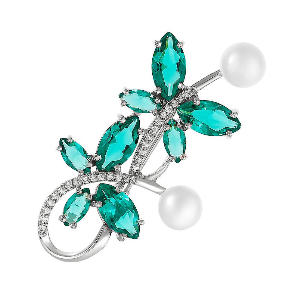 Серебряная брошь с жемчугом и кварцем с фианитами