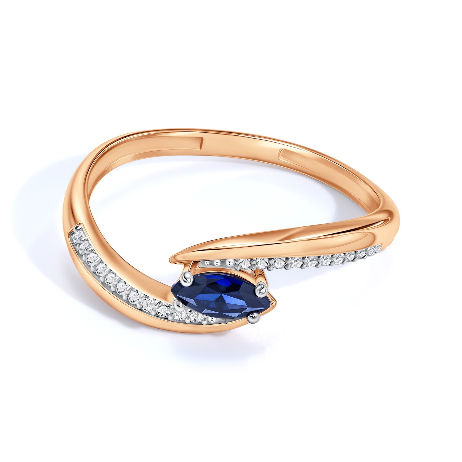 Золотое кольцо с сапфиром выращенным и бриллиантами