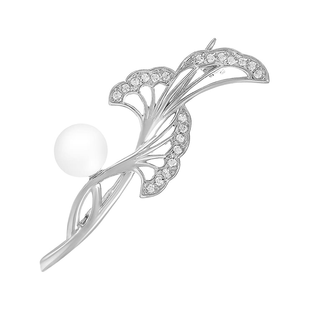 Серебряная брошь с жемчугом и фианитами с родированием