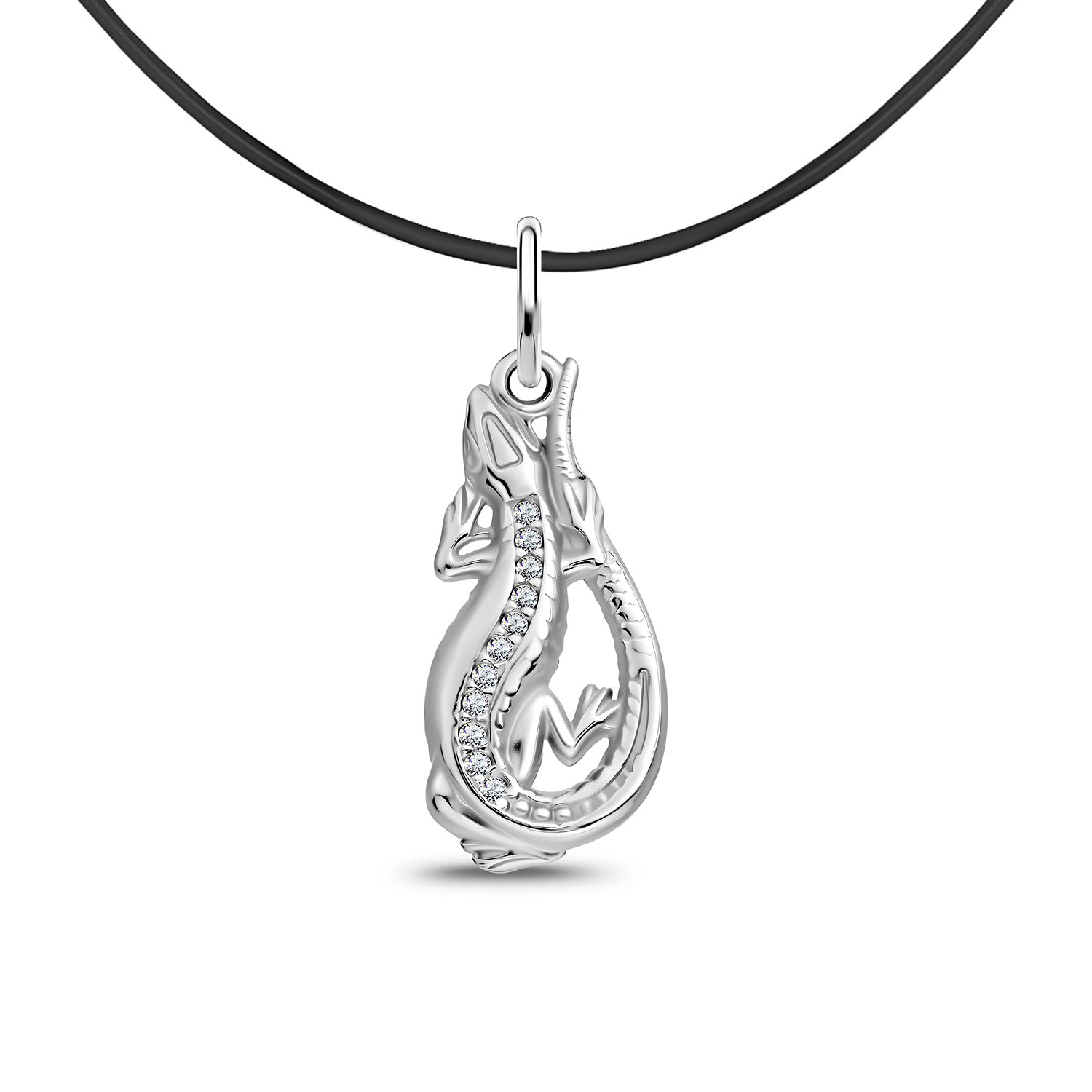 Серебряная подвеска Ящерица с фианитами и родированием