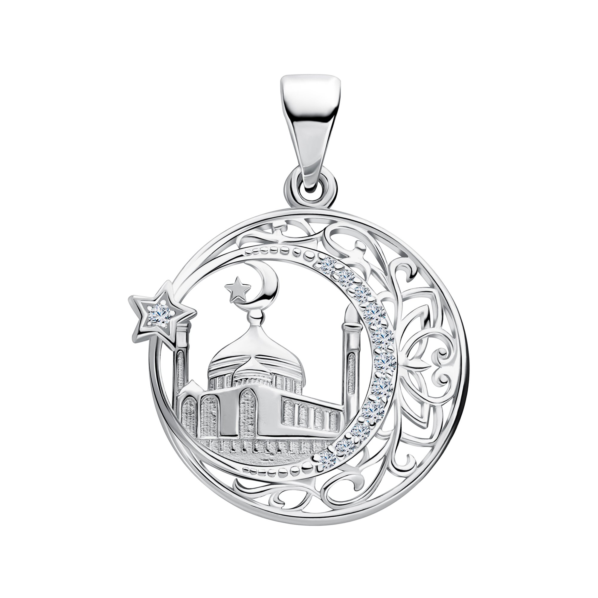 Серебряная мусульманская подвеска Мечеть с фианитами и родированием