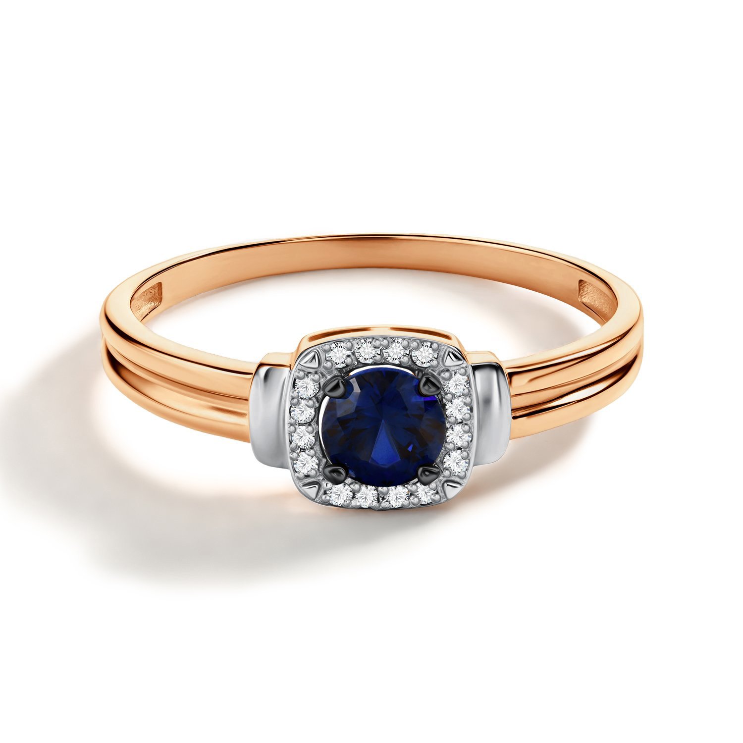 Золотое кольцо с сапфиром выращенным и бриллиантами