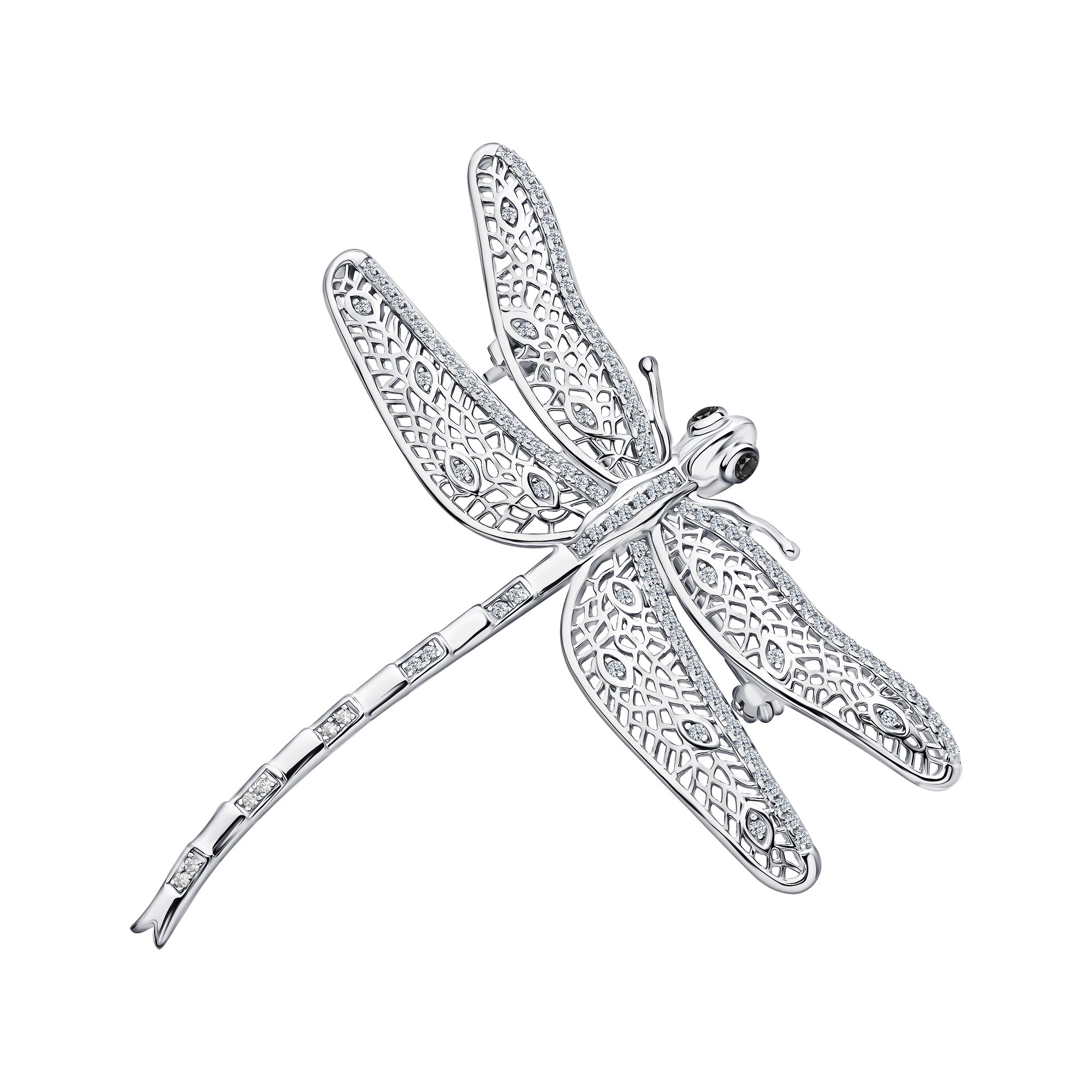 Серебряная брошь с кристаллами и фианитами с родированием