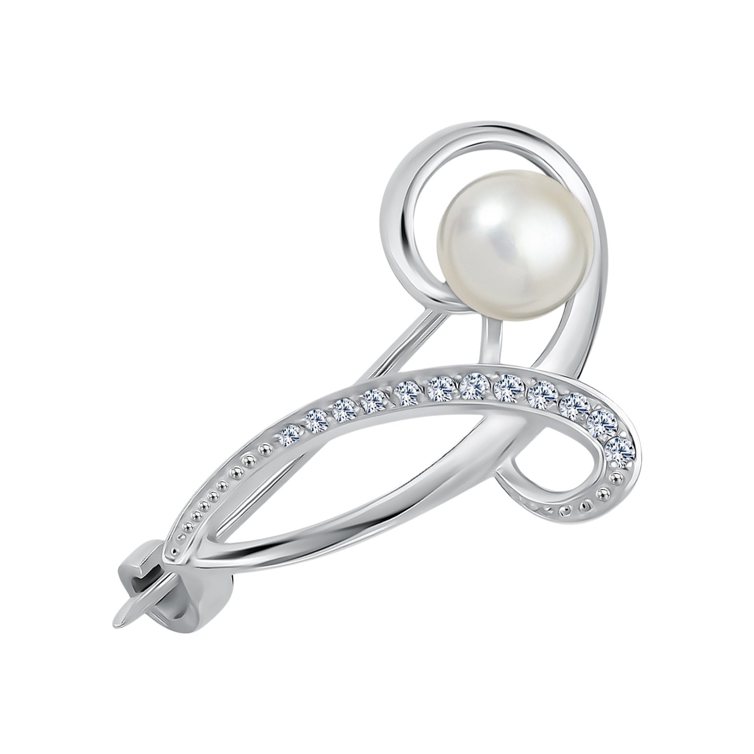 Серебряная брошь с жемчугом и фианитами