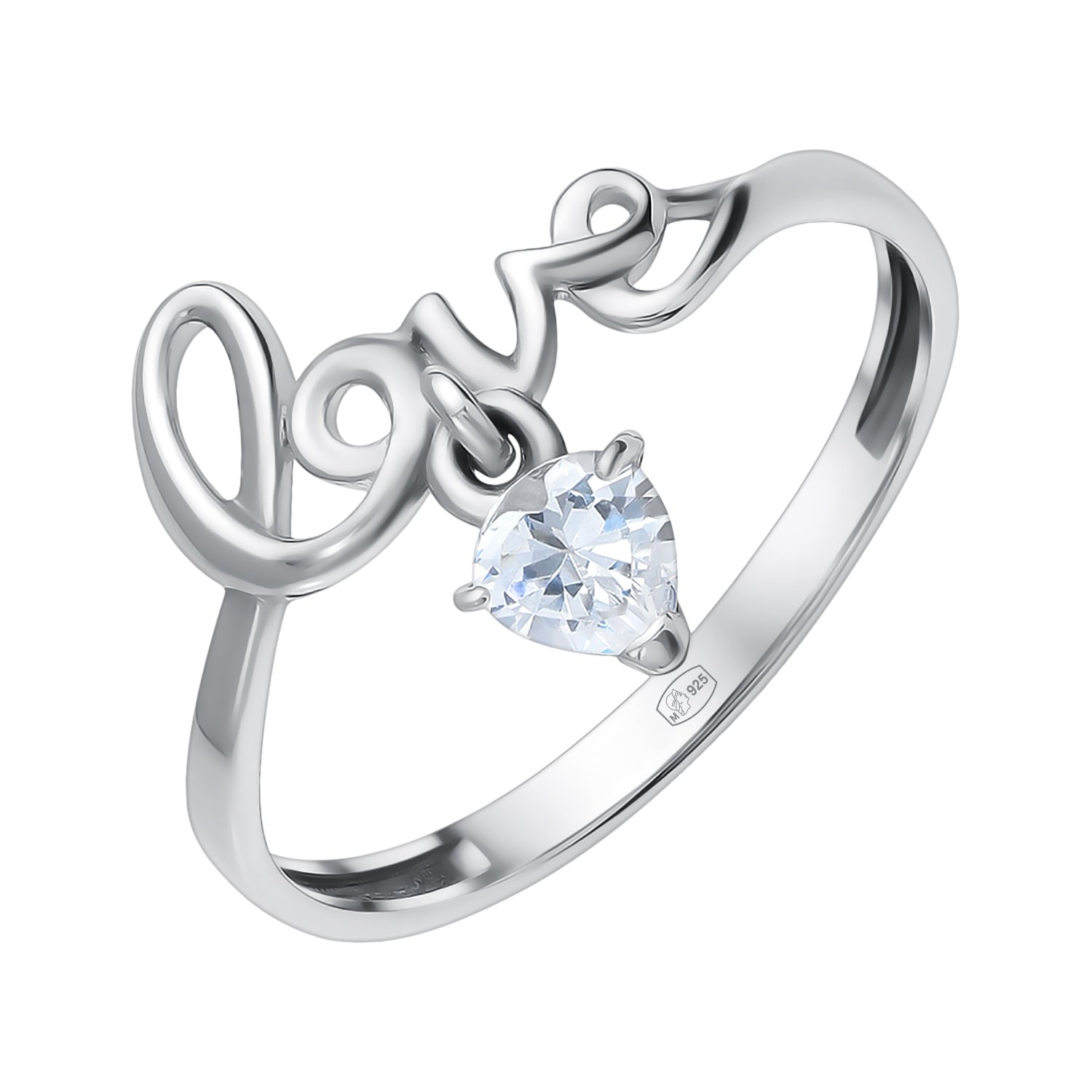 Серебряное кольцо Love с фианитом и родированием