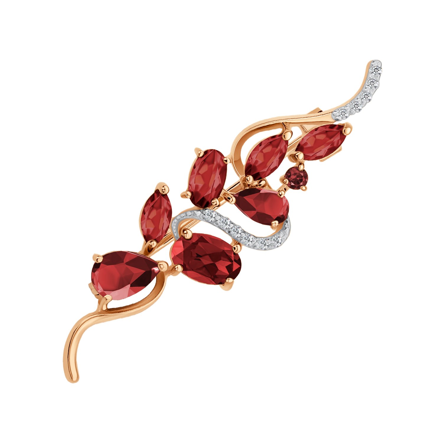 Золотая брошь с гранатом и фианитами с родированием