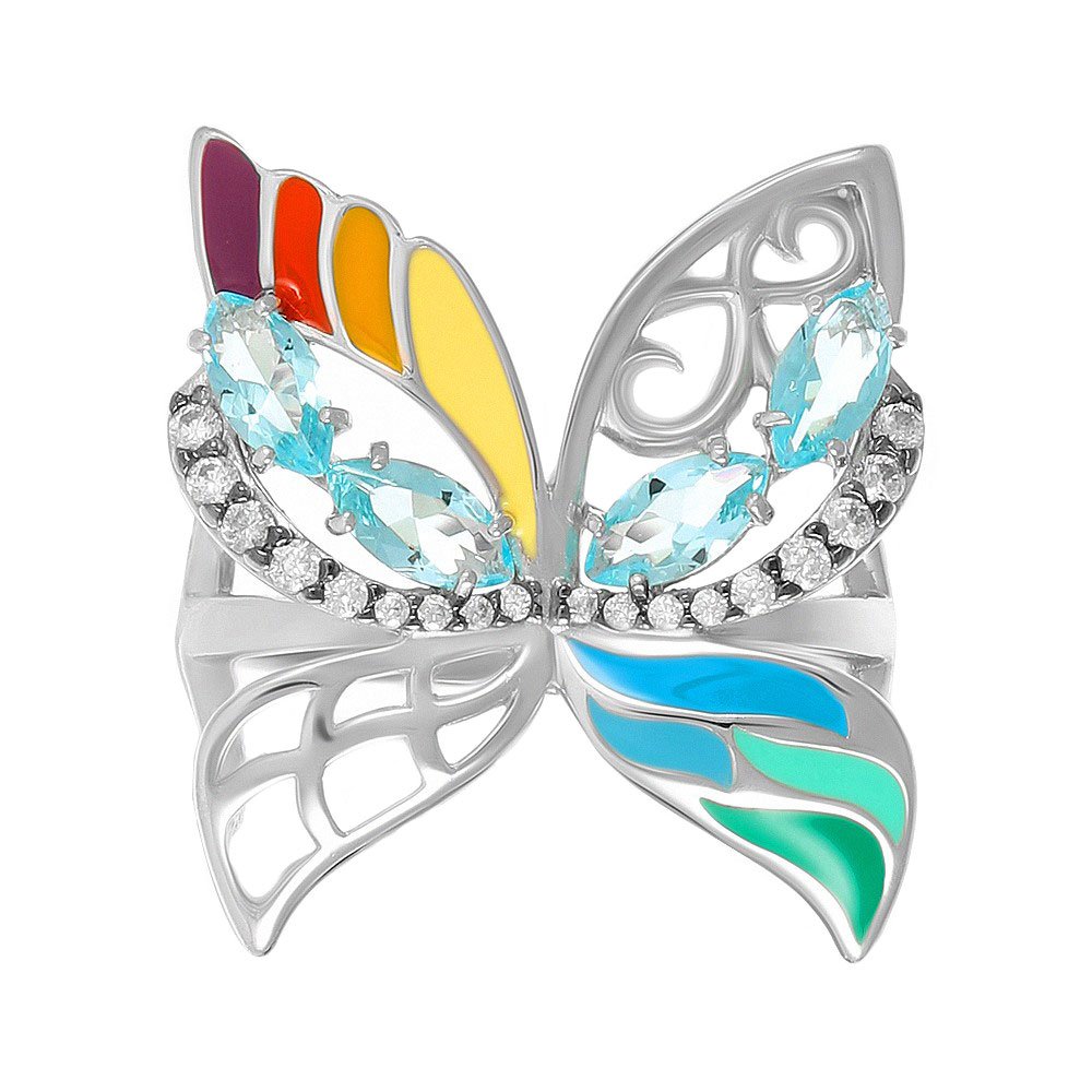 Серебряное кольцо Бабочка с топазами и эмалью с фианитами