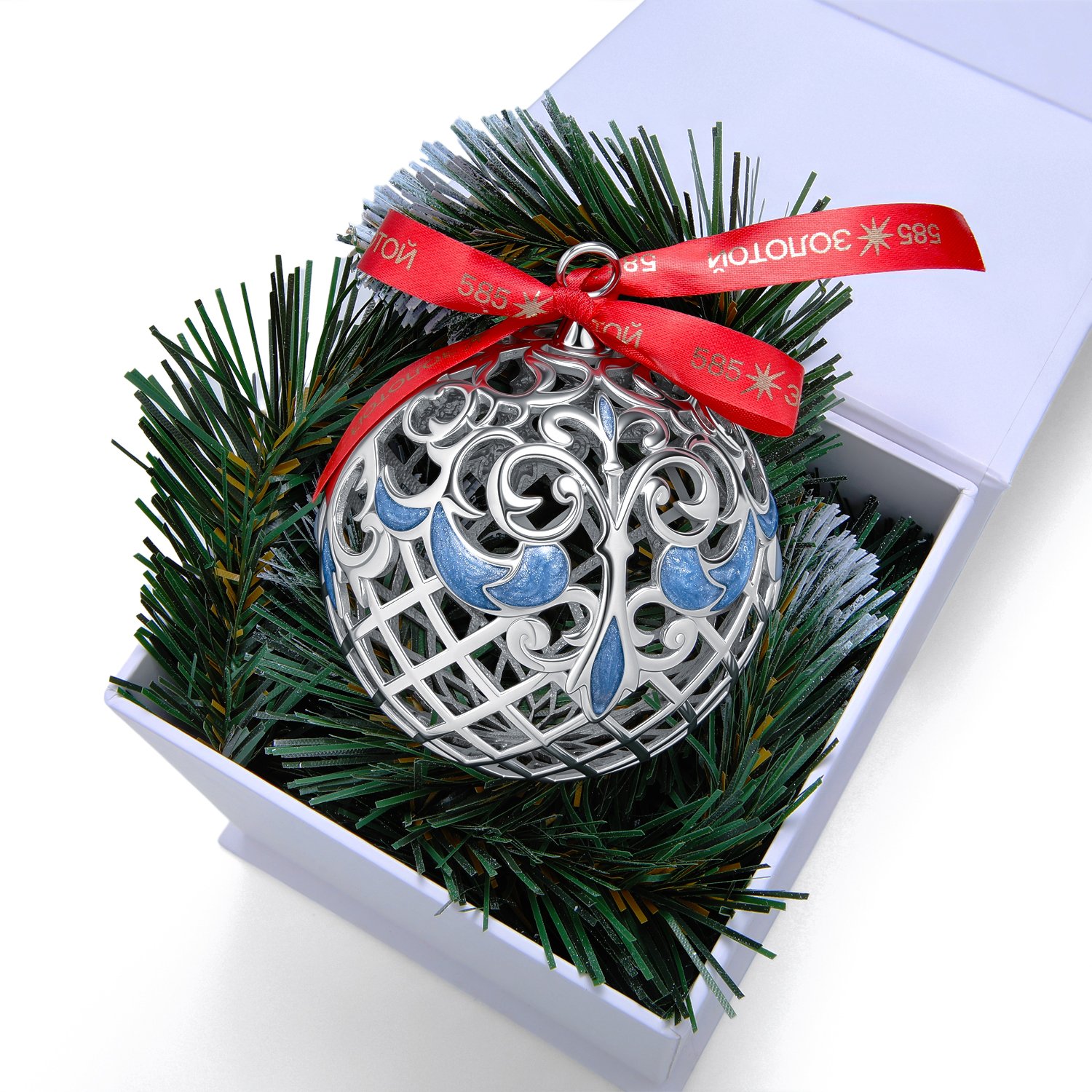 Серебряная елочная игрушка «шарик» с эмалью